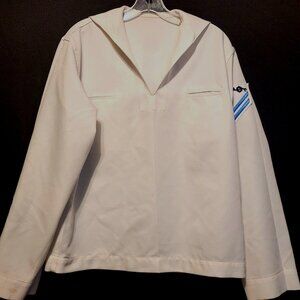 Vintage US Navy Enlisted Dress Jumper Cracker Jack White 42R Patches NMCB 5